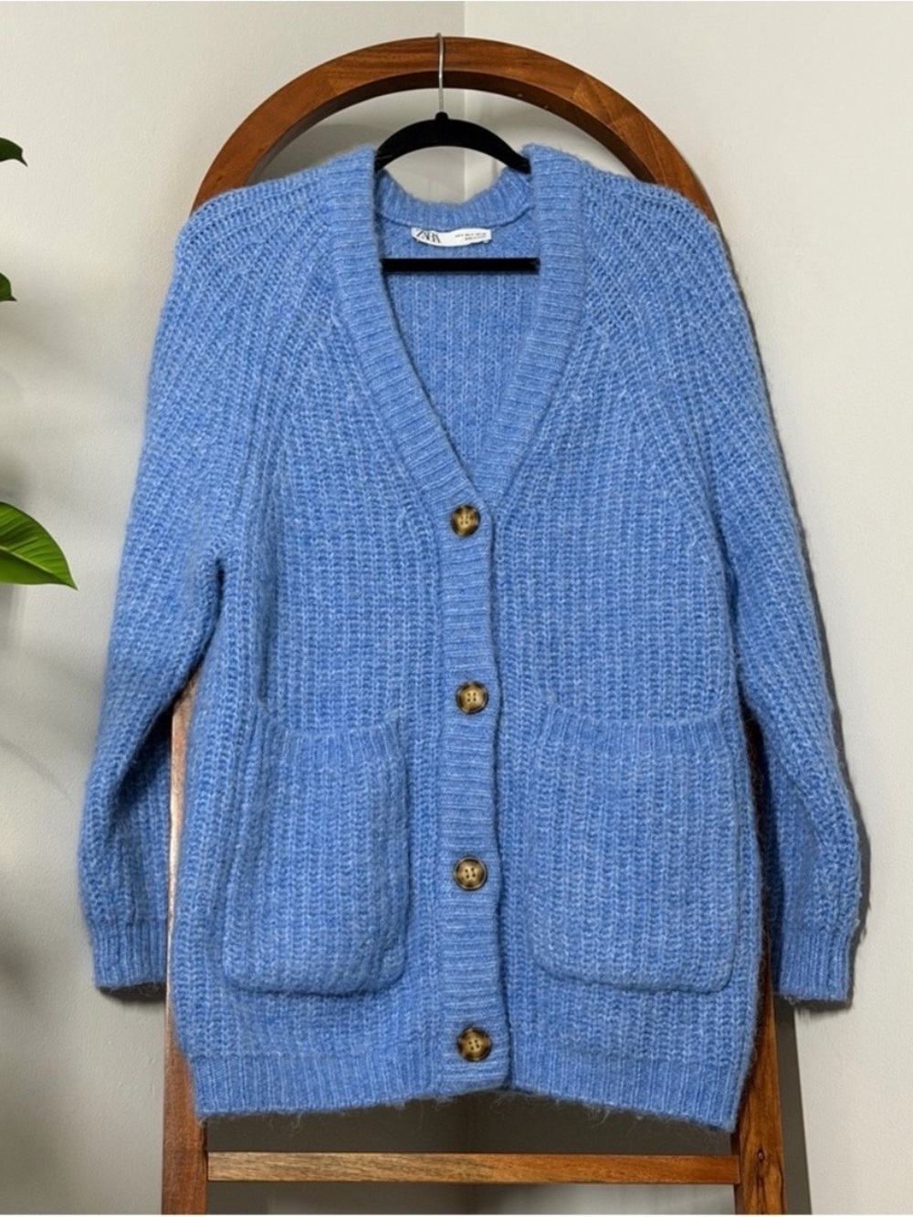 Zara SMALL Blue Patch Pocket Knit Oversized Wool Alpaca Cardigan Sweater